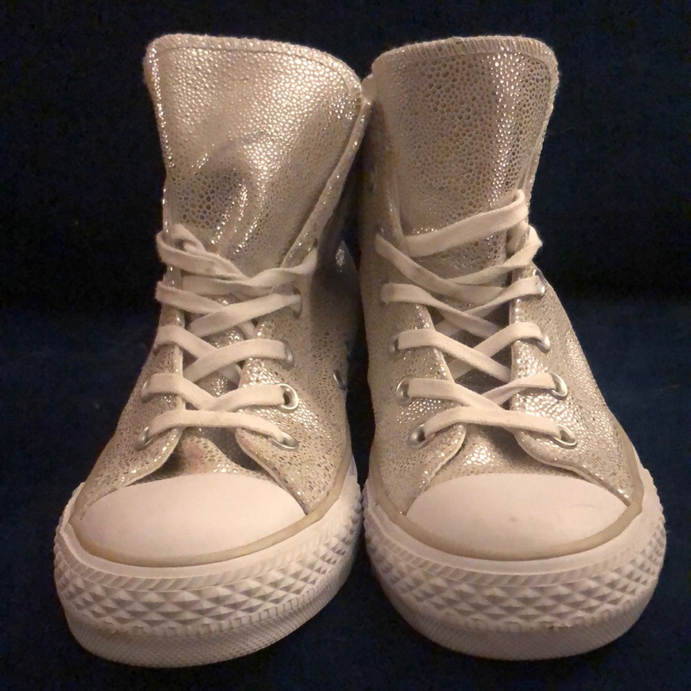 Converse All Stars Silver Leather High Tops Size 8